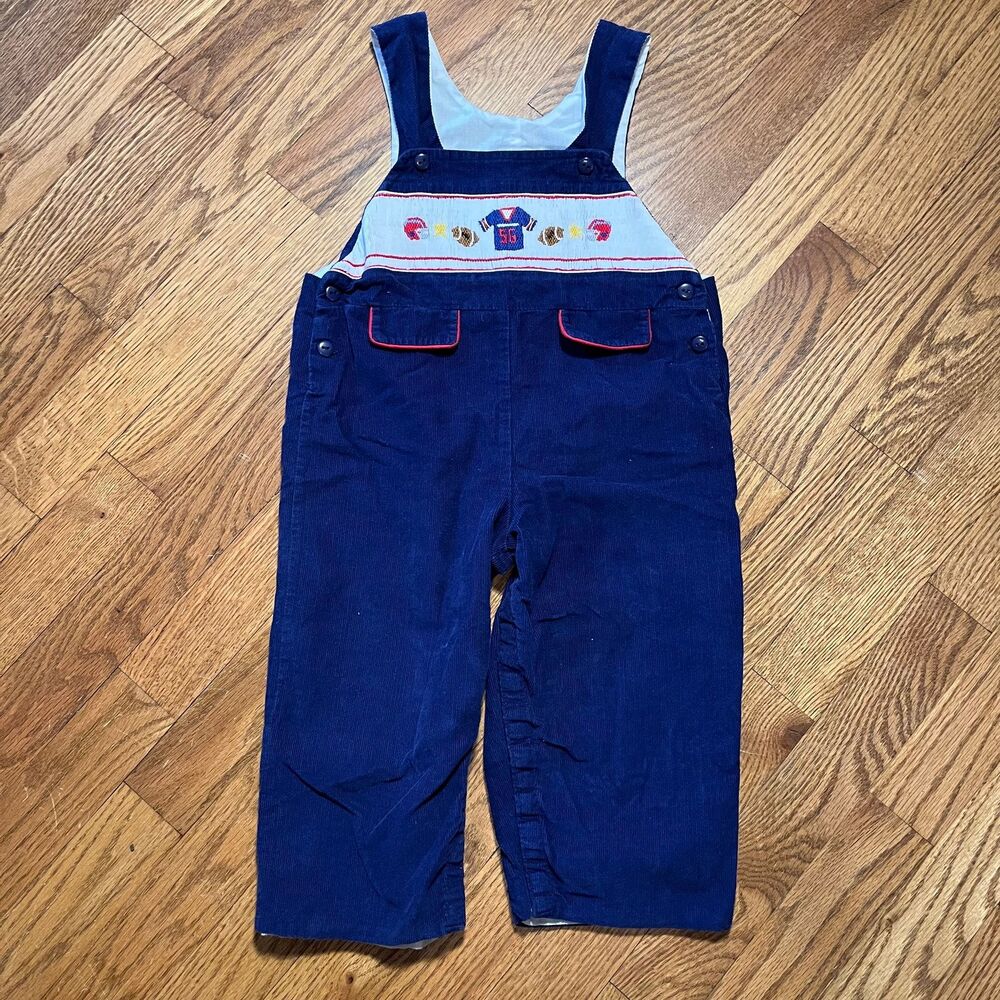 Anavini Hand Smocked Size 2 Overalls Toddler Boys Football Blue Red Snaps Cotton